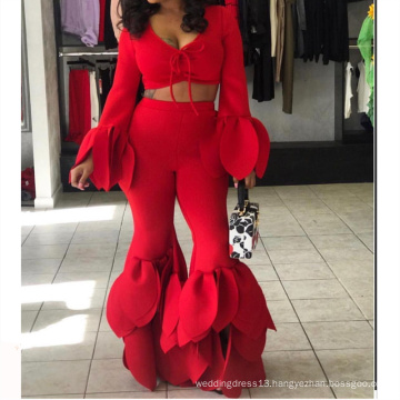 Sexy Lace-up Long Sleeve Ruffle Red Crop Top and Flare Pants Lady Suit